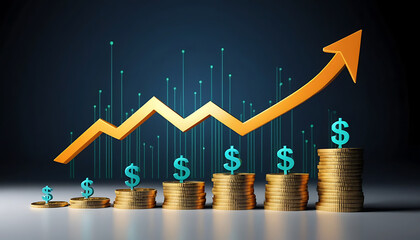 Golden arrow graph rising upwards over stacks of coins with glowing dollar signs symbolizing financial growth
