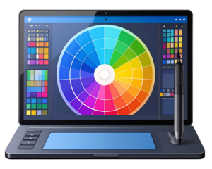 A clean flat-style vector graphic featuring a digital drawing tablet, pen tool icon