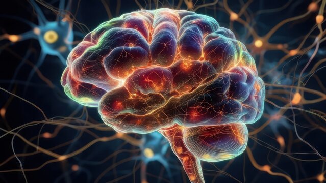 Vibrant, glowing human brain with interconnected neurons, symbolizing intelligence, cognition, and complex neural networks in a dynamic, futuristic display