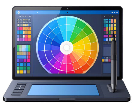 A clean flat-style vector graphic featuring a digital drawing tablet, pen tool icon - Powered by Adobe