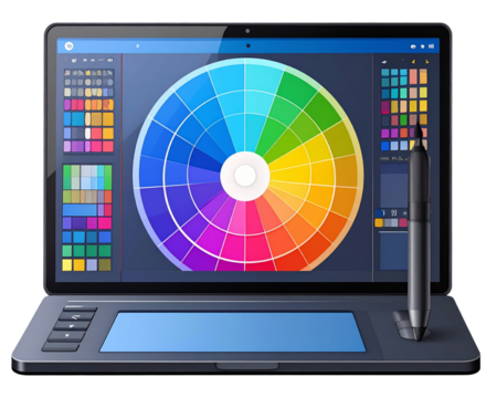 A clean flat-style vector graphic featuring a digital drawing tablet, pen tool icon