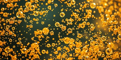Close-up of effervescent champagne gold bubbles rising in liquid, drink, summer
