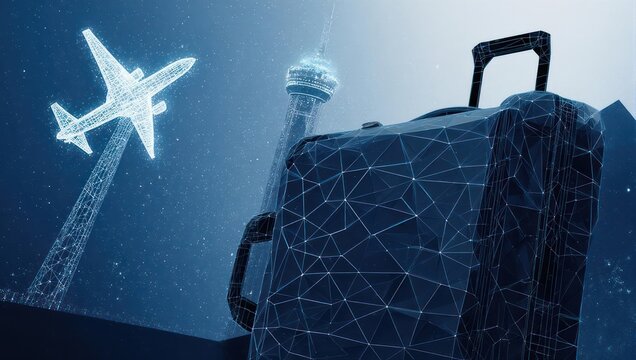 Stunning digital travel concept showcases futuristic airplane and cityscape with a modern suitcase against a starry sky. - Powered by Adobe