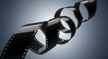 A glossy, black  strip swirls elegantly against a muted gray backdrop, showcasing a dynamic and cinematic design.