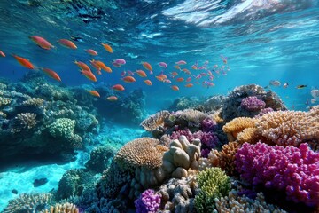 Fototapeta premium Vibrant Coral Reef with Colorful Fish and Sunlight