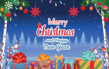 Christmas background with  red retro car carrying a Christmas tree and gifts.Winter forest in winter. Concept of winter and christmas banner, sticker label and greeting card. Cartoon vector