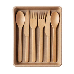 Wooden cutlery set in tray isolated on transparent background