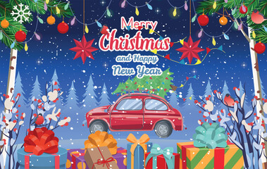 Christmas background with  red retro car carrying a Christmas tree and gifts.Winter forest in winter. Concept of winter and christmas banner, sticker label and greeting card. Cartoon vector