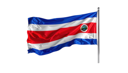 A detailed image of the Costa Rican flag billowing in the wind, set against a striking black background.