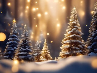 Golden Christmas Scene With Hanging Ornaments, Ribbons, And Gift Boxes On Snow