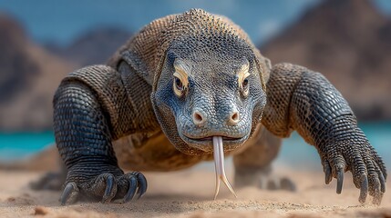 Obraz premium Komodo Dragon Crawling Towards Camera on a Beach with Tropical Background