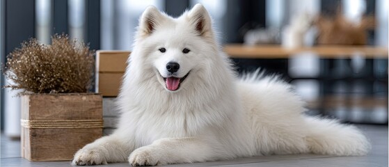 Naklejka premium A fluffy white Samoyed dog relaxes on the floor near a stack of books in a modern, airy space filled with pastel colors