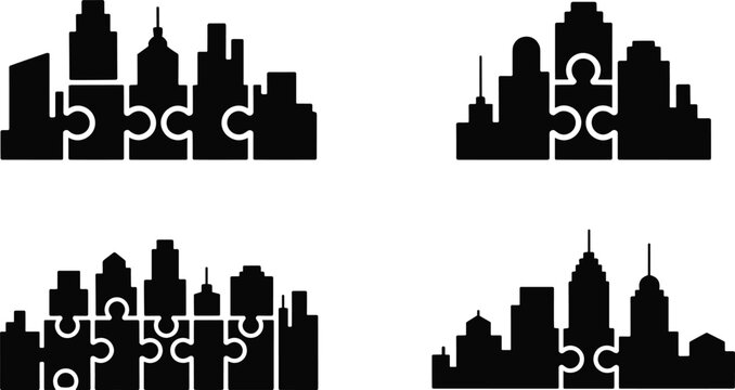 A conceptual icon set using city skyline puzzle pieces, this vector collection symbolizes urban integration, partnerships, and real estate development strategy