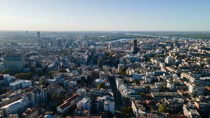 Aerial view of Slavija Square and Belgrade Waterfront at sunset