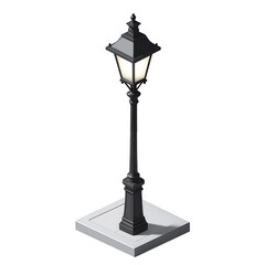 Obraz premium A 3D model of a classic, black street lamp, illuminated with a bright light source, and presented on a light gray base.