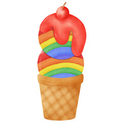 A rainbow ice cream cone with a cherry on top