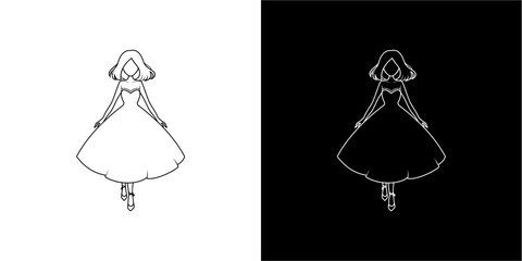 Line art illustration of a woman in a dress, presented in both white on black and black on white.