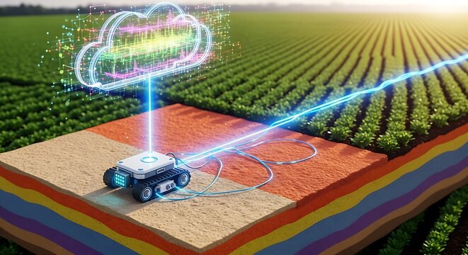 Smart farming robot connected to cloud in a field, representing precision agriculture and data analysis