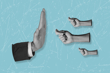 Contemporary art collage on the theme of refusing a bribe. Honest work	