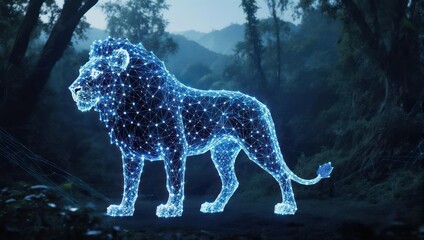 Stunning digital lion composed of glowing blue geometric lines stands majestically in a dark, misty forest landscape