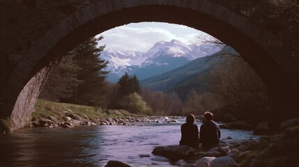 Couple enjoying tranquility under a stone bridge by a mountain river in spring