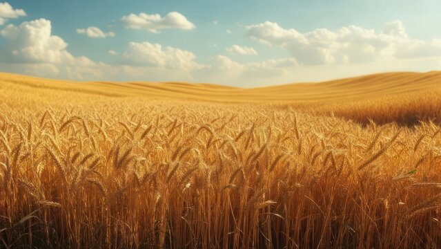Golden wheat field under a clear blue sky with fluffy white clouds, showcasing a bountiful harvest ready for gathering and a symbol of agricultural prosperity.