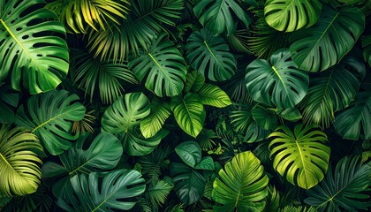 Lush green tropical foliage with dense overlapping leaves creates vibrant and natural pattern