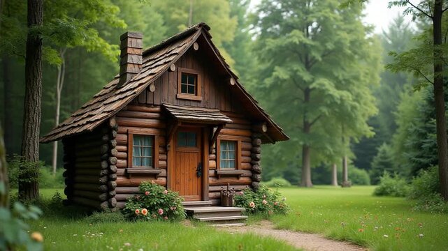 Details of a summer park with traditional russian fairytale wooden houses surrounded