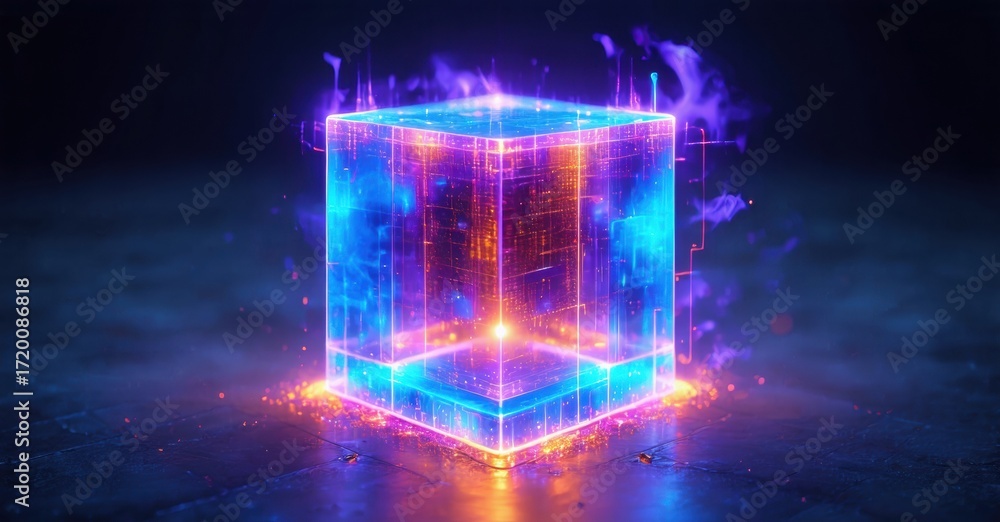 Poster glowing cube radiates vibrant energy. digital lines connect, forming complex structure. dark backgro