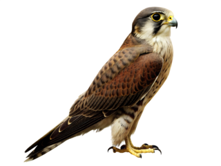 Brown falcon bird standing profile view isolated on a transparent background raptor