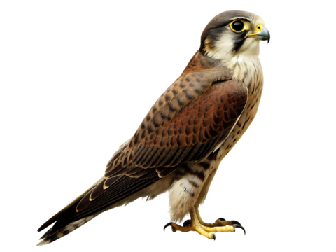 Brown falcon bird standing profile view isolated on a transparent background raptor