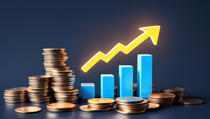 Golden coins and blue bar chart with glowing yellow arrow pointing upwards symbolizing financial growth and success