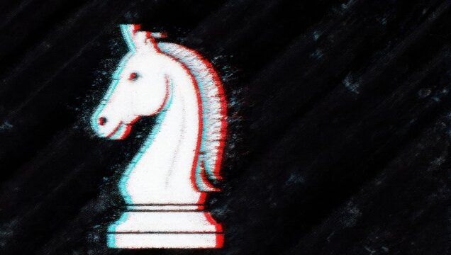 Striking white chess knight with vibrant glitch effect on dark textured background, embodying strategy and modern challenges. - Powered by Adobe