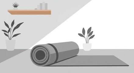 Gray yoga mat unrolled in clean indoor studio with potted plants