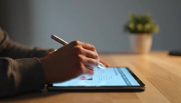Close-Up of a Designer's Hand Using a Stylus Pen to Work on a Glowing Digital Tablet Screen.