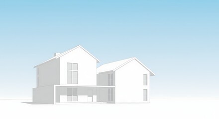 Modern minimalist house architectural rendering, two-story design, clear sky backdrop.