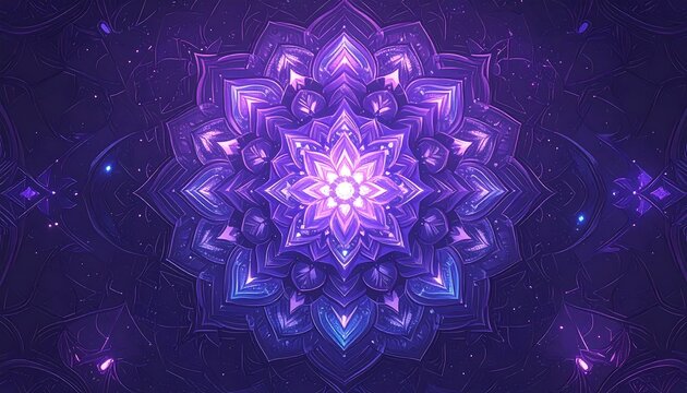 Abstract Purple Mandala With Glowing Center and Sparkles.
