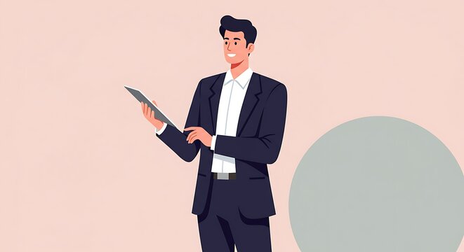 A professional businessman in a dark suit holds and interacts with a digital tablet, smiling confidently.