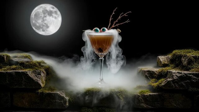 Halloween cocktail with dry ice smoke, candy eyeballs floating, and bare branches under a full moon on a moss-covered stone wall, video