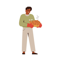 african american man holds baked turkey for thanksgiving day. Smiling father prepare chicken to festive family dinner. Vector illustration