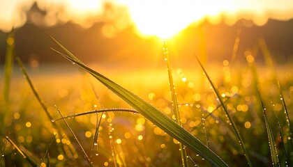Dewy grass blades glisten in warm sunrise, creating serene and golden morning scene