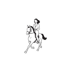 Black and white line art of a beautiful woman with perfect body riding horse elegant minimalist illustration