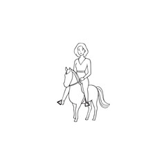 Black and white line art of a beautiful woman with perfect body riding horse elegant minimalist illustration