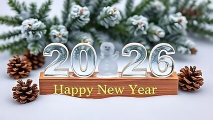Merry 2026 Glass Sign With Snowman, Pine Cones, and Snowy Winter Holiday Display