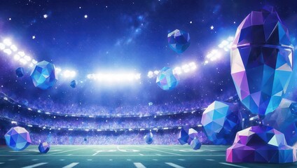 Dreamlike stadium atmosphere with floating geometric crystals under a starry night sky, evoking wonder and futuristic sports events.