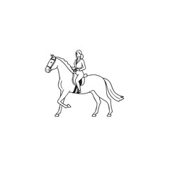 Black and white line art of a beautiful woman with perfect body riding horse elegant minimalist illustration