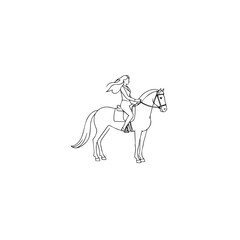 Black and white line art of a beautiful woman with perfect body riding horse elegant minimalist illustration