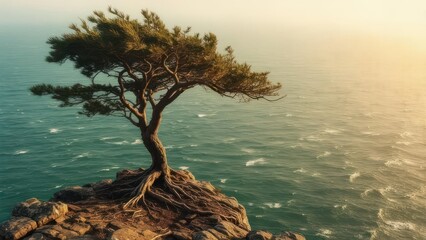 Solitary ancient tree clings to rocky cliff edge overlooking vast ocean with sunlit sky
