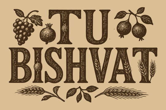 Tu bishvat holiday greeting with fruits and grains illustration in vintage style