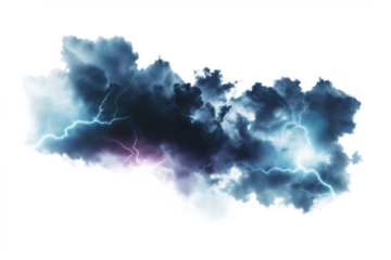 Dark storm cloud with bright lightning strikes isolated on a transparent background